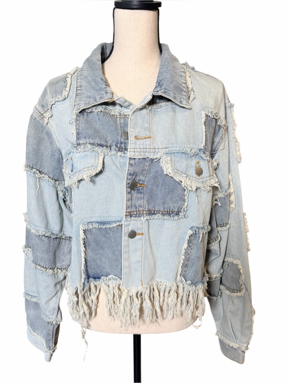 POL Distressed Patchwork Denim Jacket Fringe Hem Size Large